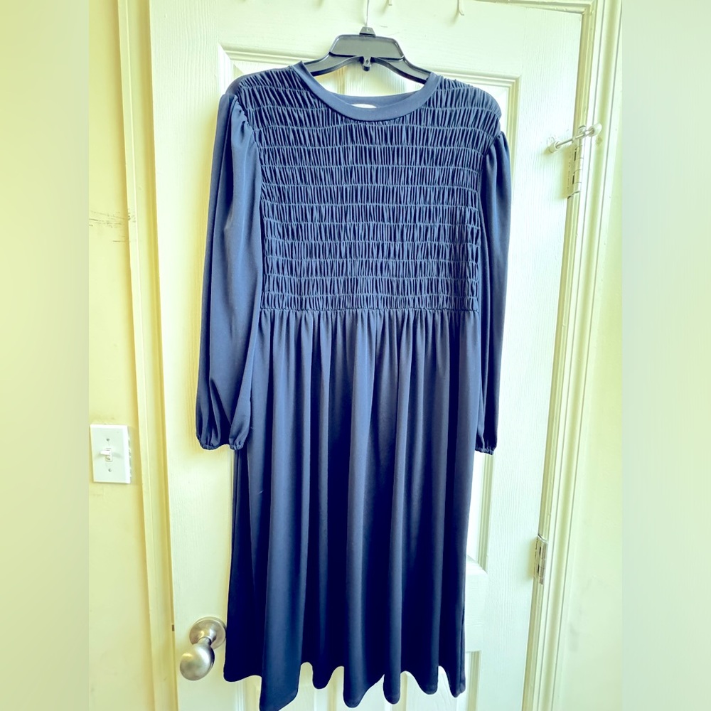 London Times Women's Solid Jersey Long Sleeve Smocking Detail Midi